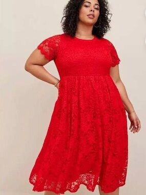 NWT Torrid Red Lace Fit & Flare MIDI Dress with Short Sleeves